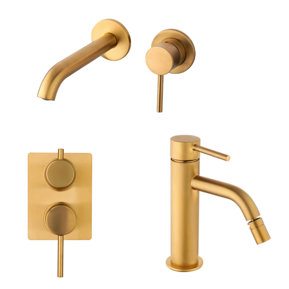 Set miscelatori incasso doccia con deviatore lavabo a parete e bidet con piletta click clack INCLUSA forma tonda oro spazzolato - Arcshop