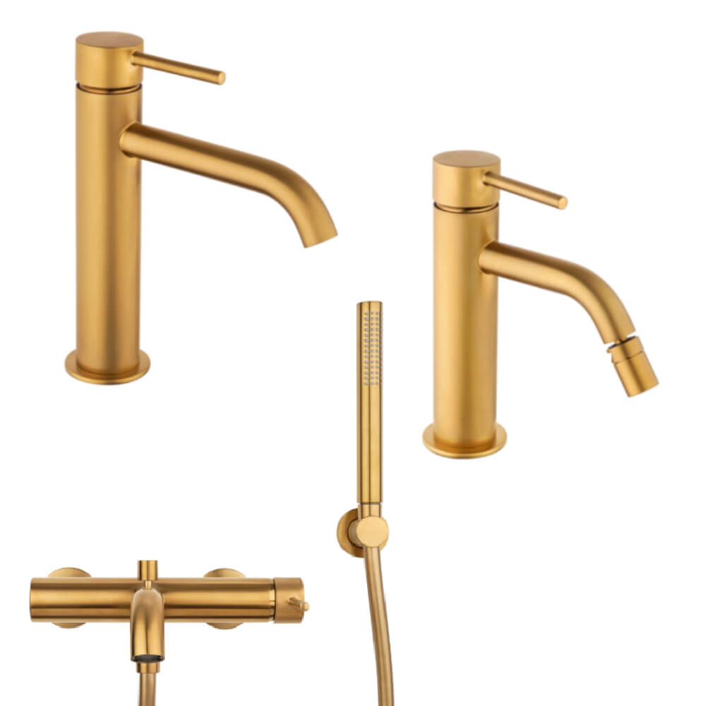 Set miscelatori gruppo vasca lavabo e bidet con piletta click clack INCLUSA forma tonda oro spazzolato - Arcshop