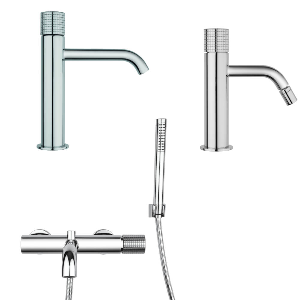 Set miscelatori lavabo bidet e gruppo vasca con kit doccia Jacuzzi Rubinetteria Armonia Grip cromati per piletta click clack - Arcshop