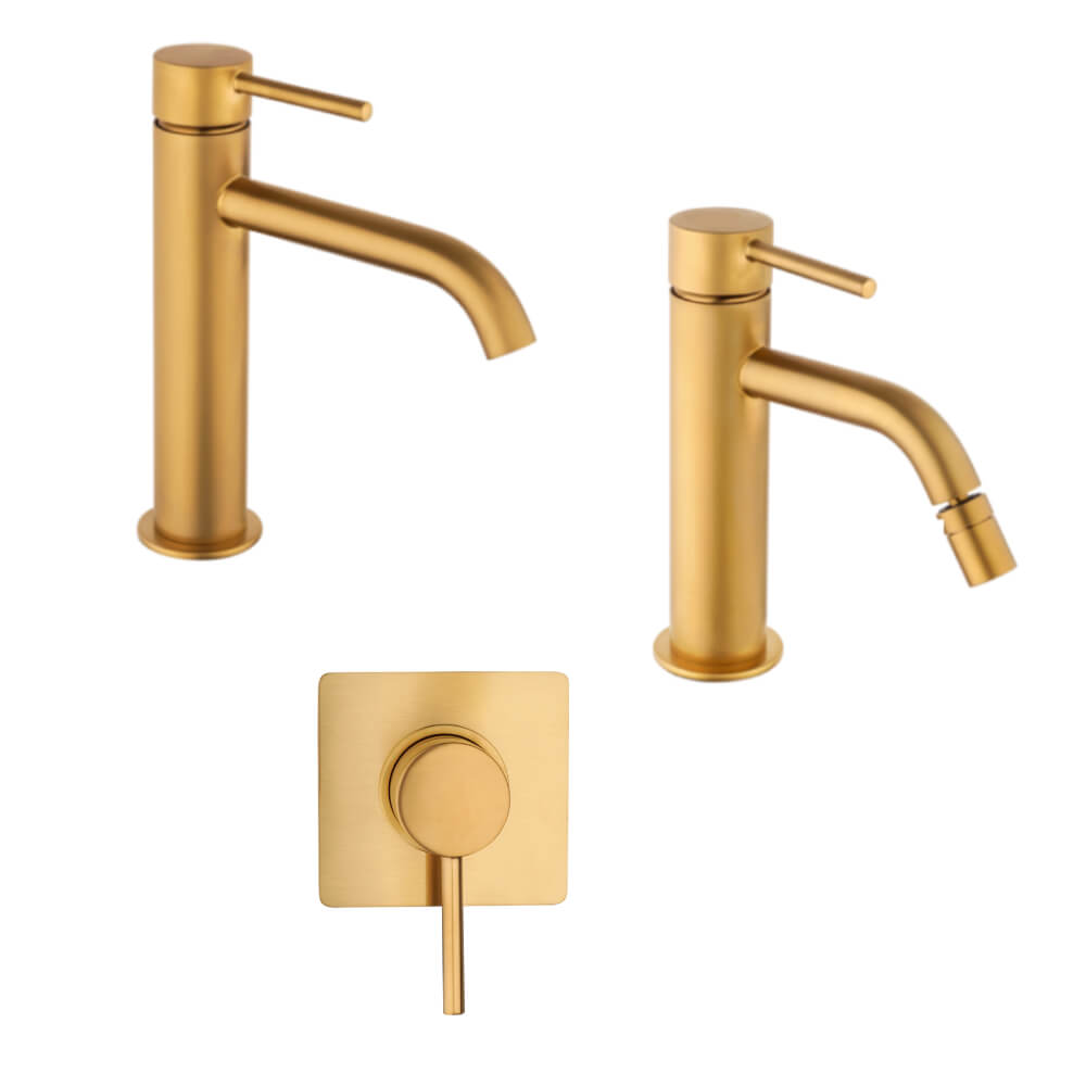 Set miscelatori incasso doccia una uscita lavabo e bidet con piletta click clack INCLUSA forma tonda oro spazzolato - Arcshop