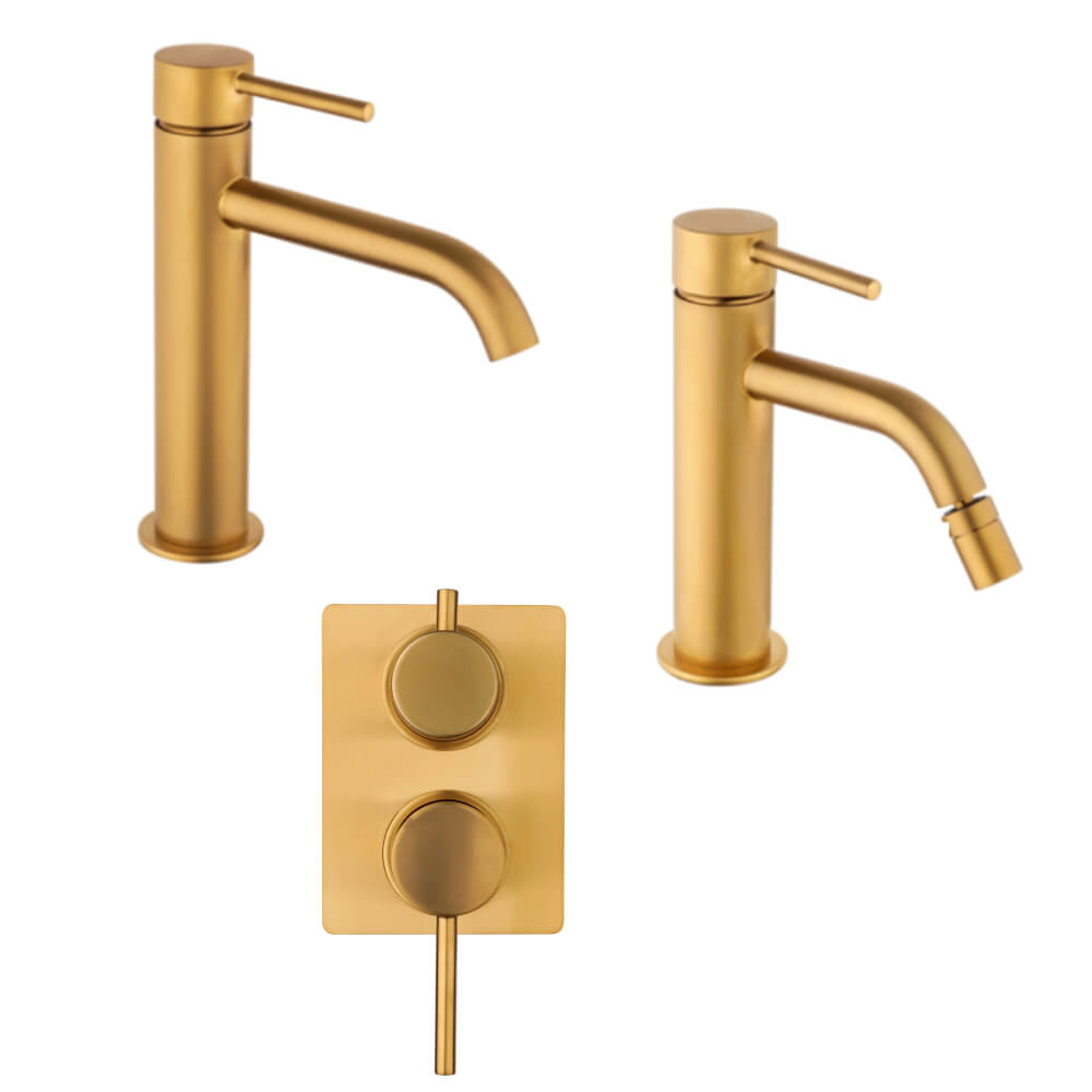 Set miscelatori incasso doccia con deviatore lavabo e bidet con piletta click clack INCLUSA forma tonda oro spazzolato - Arcshop