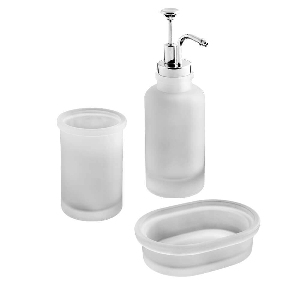 Set accessori 3 pezzi in vetro satinato serie Pharmacy di Cipì Dispenser Bicchiere Porta sapone Arcshop