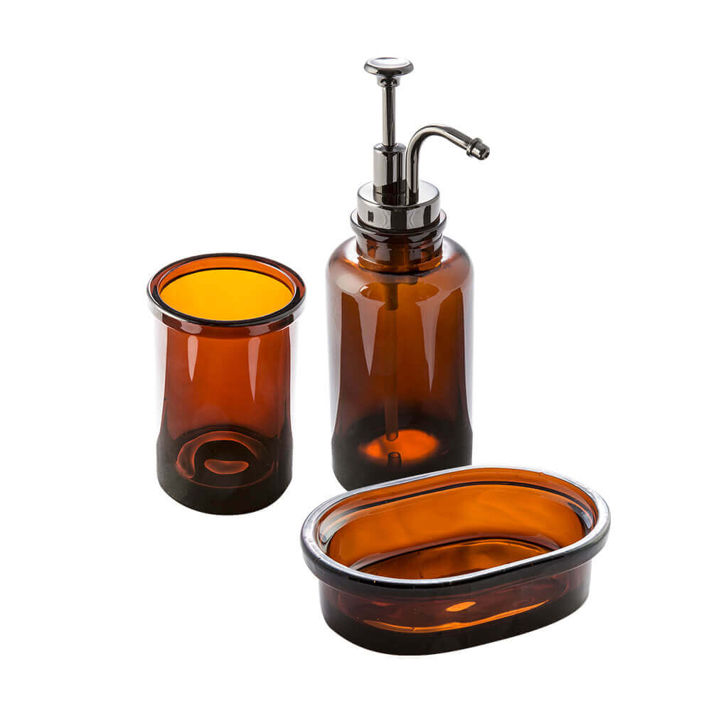 Set accessori 3 pezzi in vetro serie Pharmacy ambra di Cipì Dispenser Bicchiere Porta sapone Arcshop