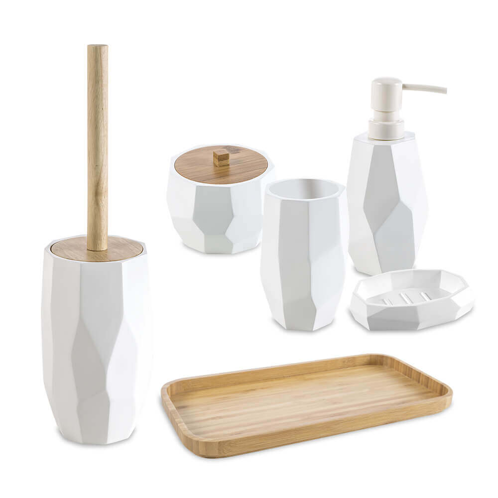 Set accessori 6 pezzi surface Bamboo di Cipì Dispenser Bicchiere Porta sapone Vassoio Scopino e Porta cotone Arcshop