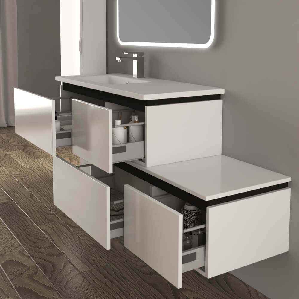 Mobile bagno sfalsato 140 cm sospeso bianco lucido Mod. Slide