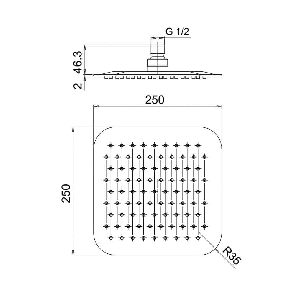 Soffione nero opaco ultrapiatto in acciaio Jacuzzi | Rubinetteria quadrato 25X25 cm