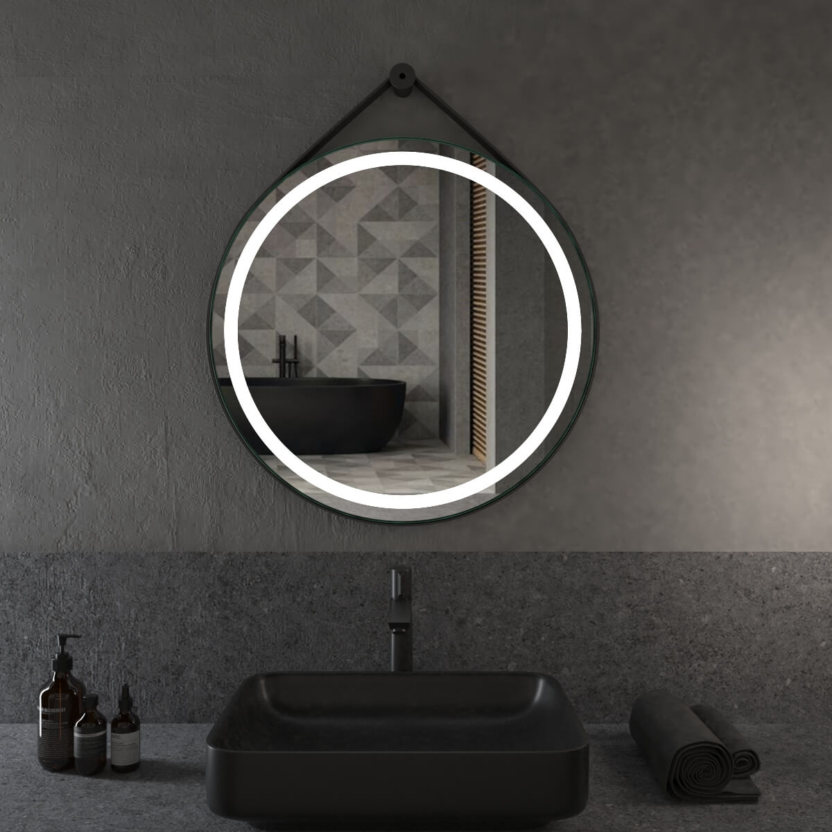 Specchio Tondo LED ø 70 cm CON STRINGA IN ECOPELLE Arcshop