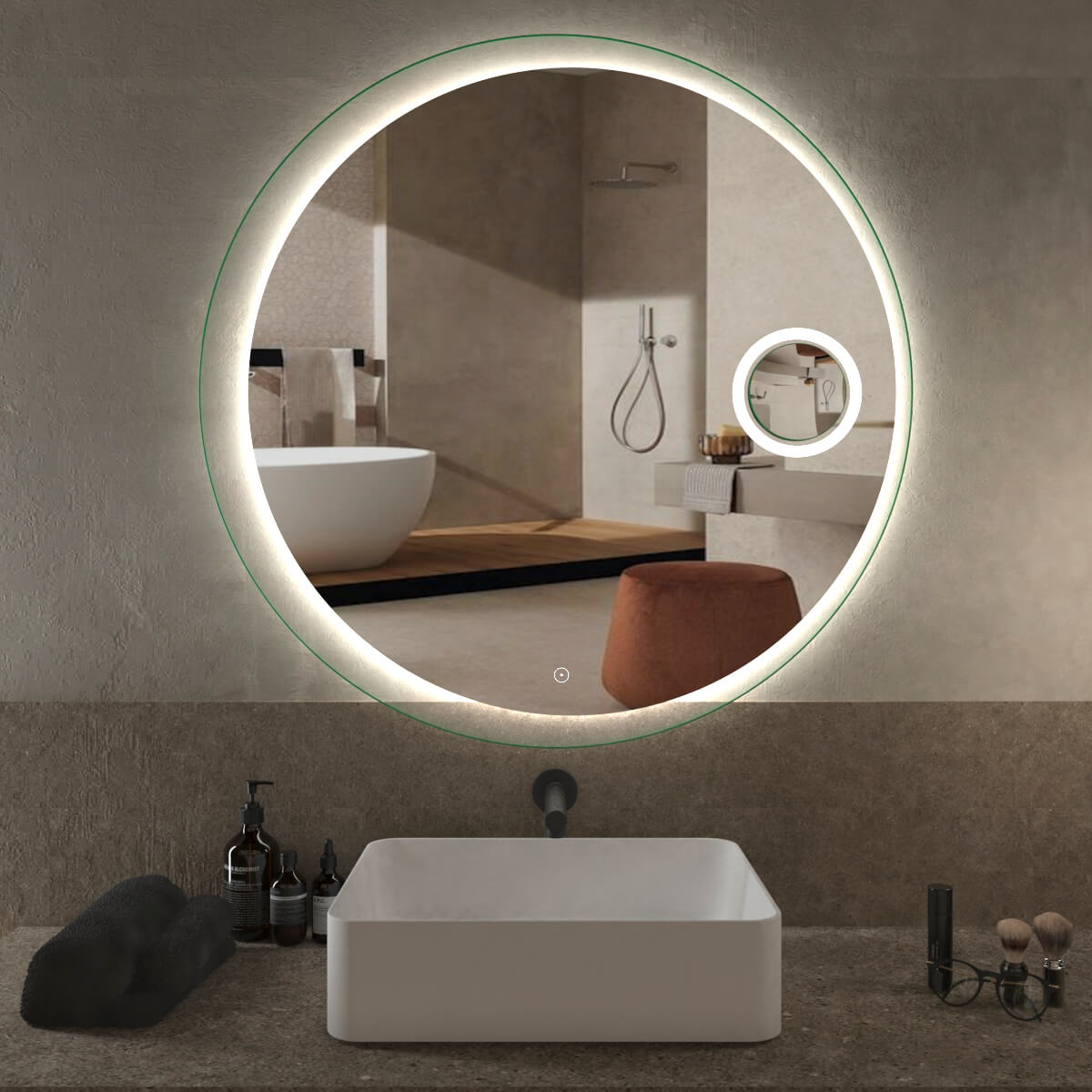 Specchio LED TOUCH con cornice satinata e ingranditore Tondo ø 100 cm Arcshop