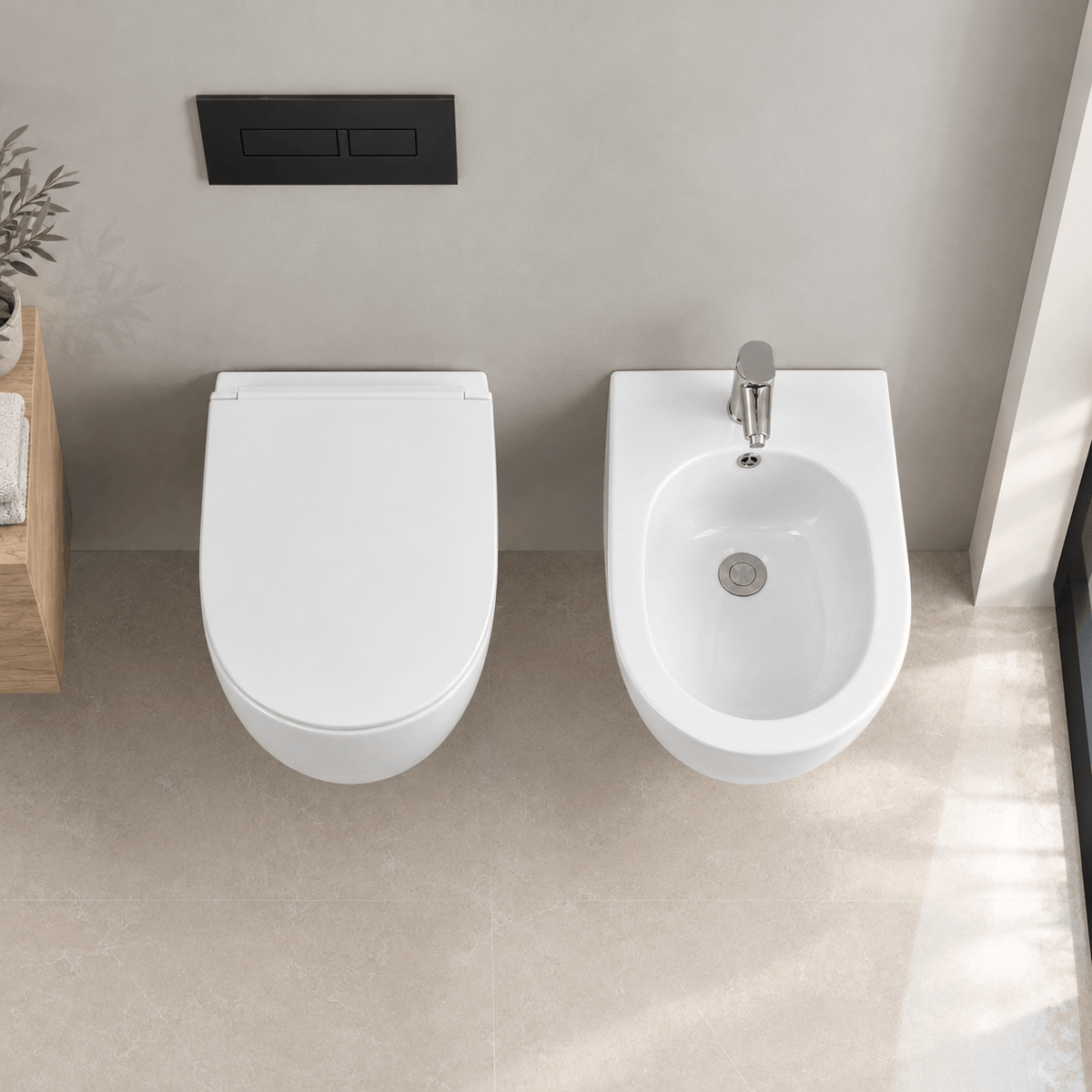 Sanitari Sospesi Rimless Alicante: Coppia WC e Bidet ad Ovetto Bianco Lucido
