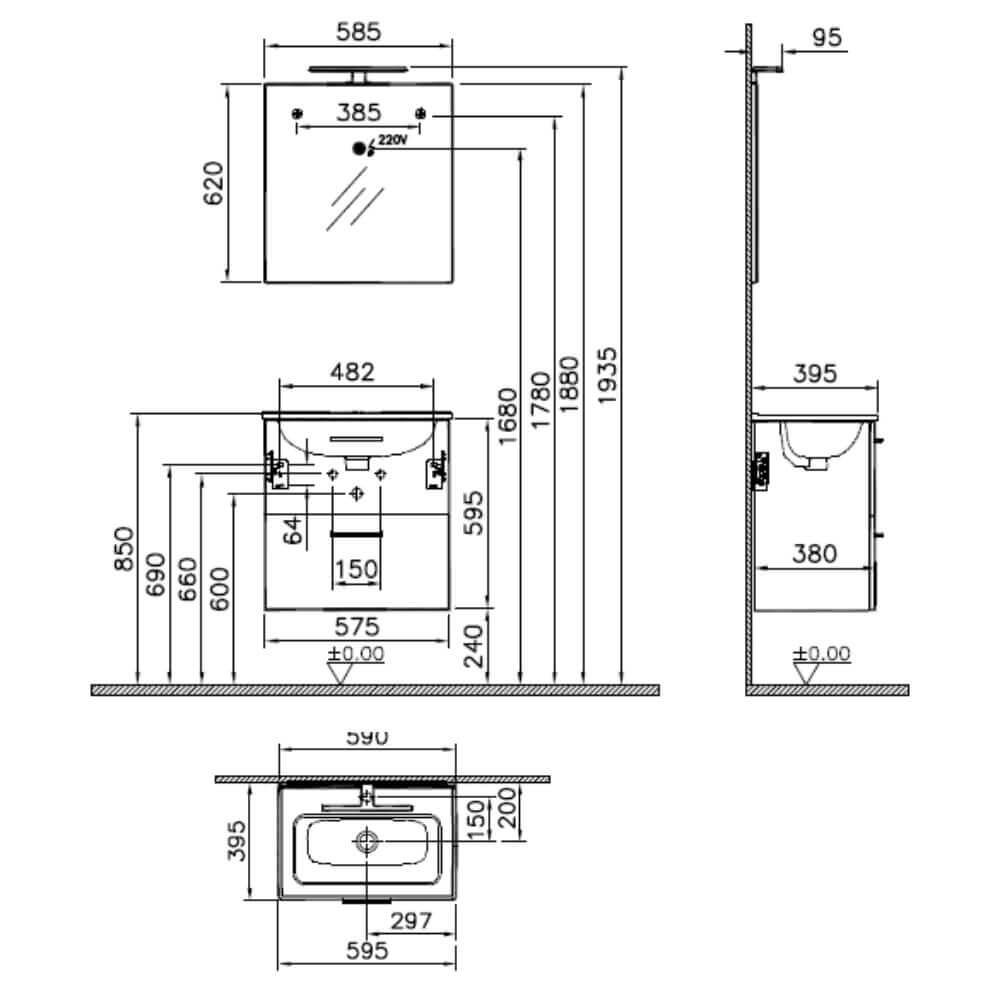 Mobile bagno Vitra 60 cm rovere scuro con specchio e lampada Led Arcshop
