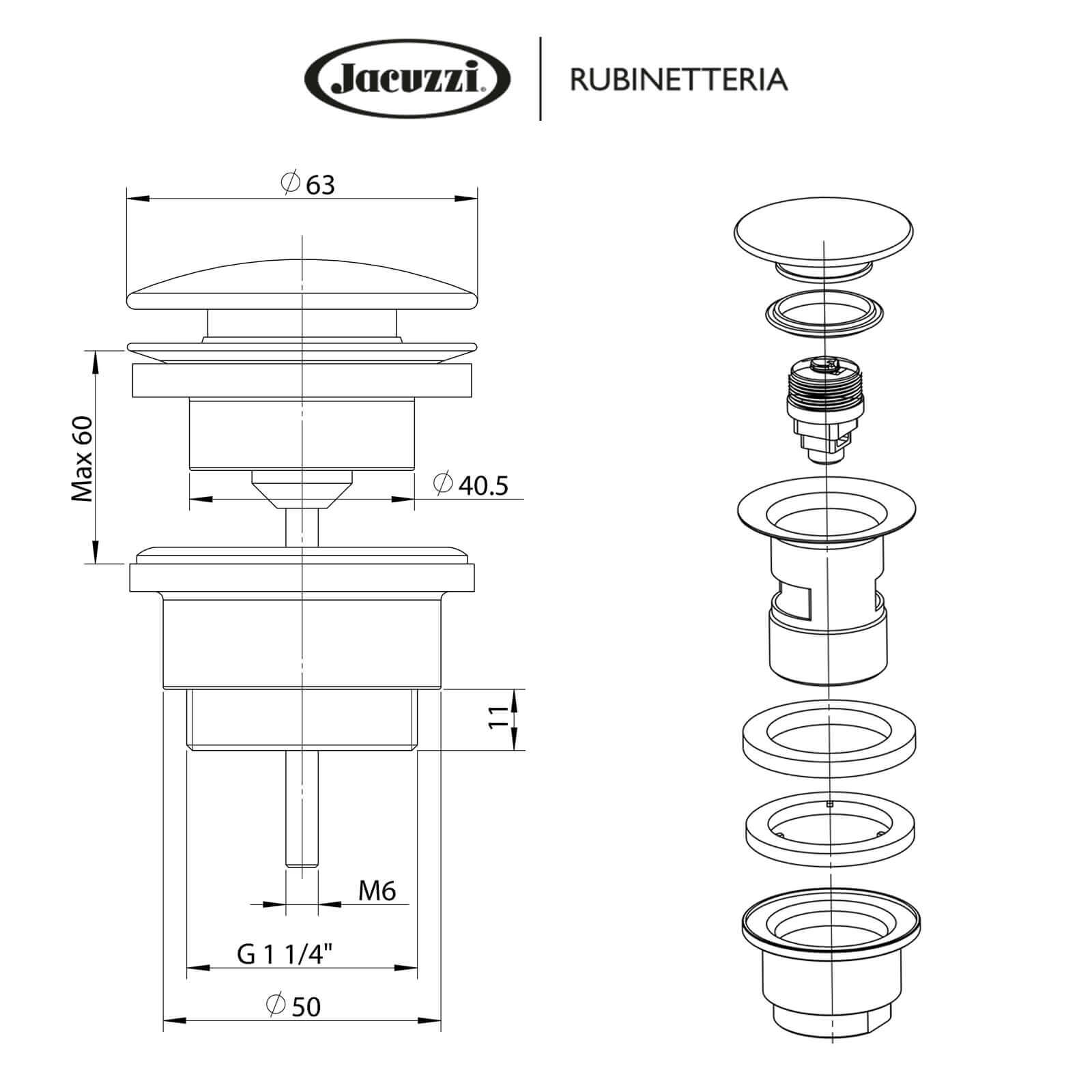 Piletta click clack nero opaco Jacuzzi | Rubinetteria universale con o senza troppopieno in ottone G1 1/4" Easy Rapid