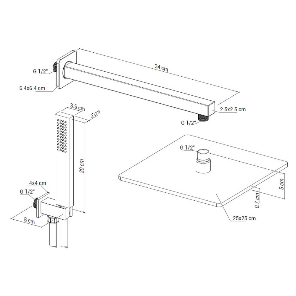 Kit Doccia Cromo con Soffione Quadrato 25x25 Slim, Braccio 35cm, Doccino e Presa Acqua in Ottone