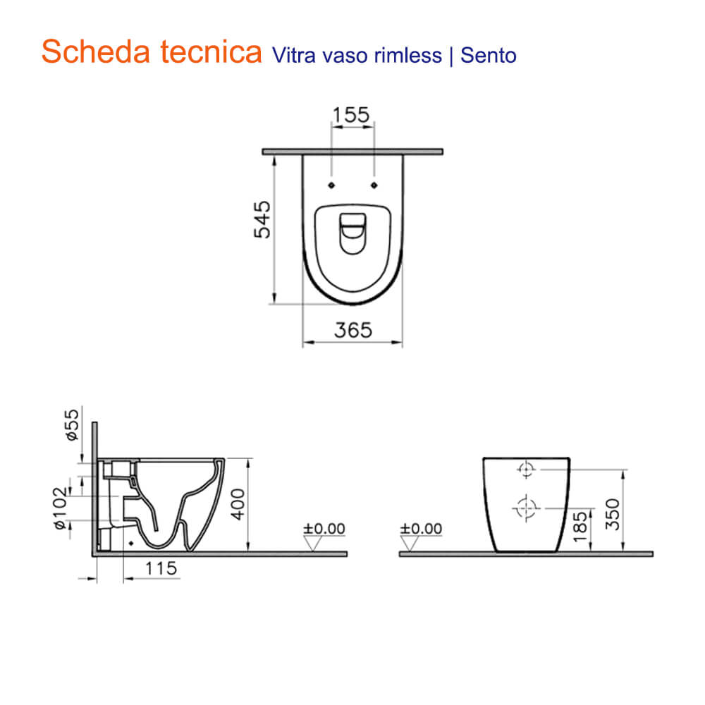 Sanitari Vitra filo muro di colore bianco opaco e scarico rimless