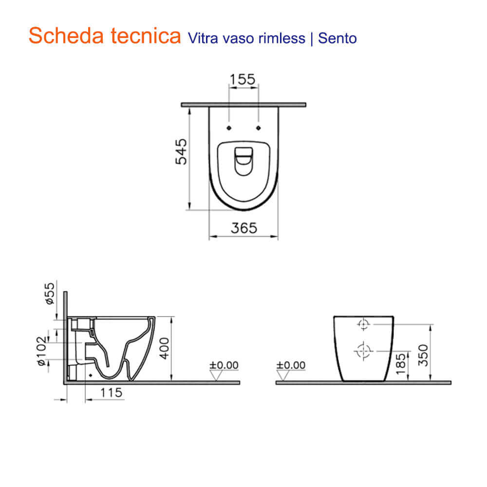 WC Vitra Sento filo muro a terra scarico rimless cod. 7985B003-0075 Arcshop