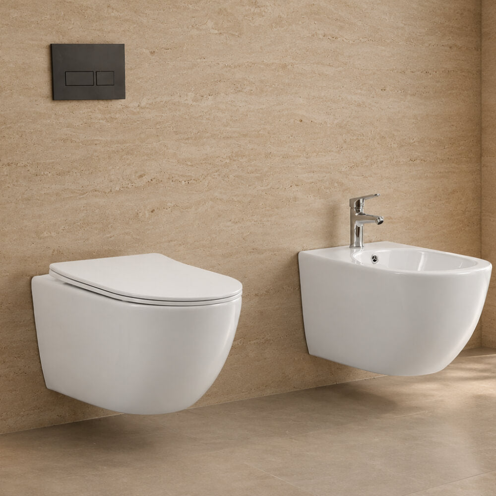 Sanitari Sospesi Rimless Alicante: Coppia WC e Bidet ad Ovetto Bianco Lucido
