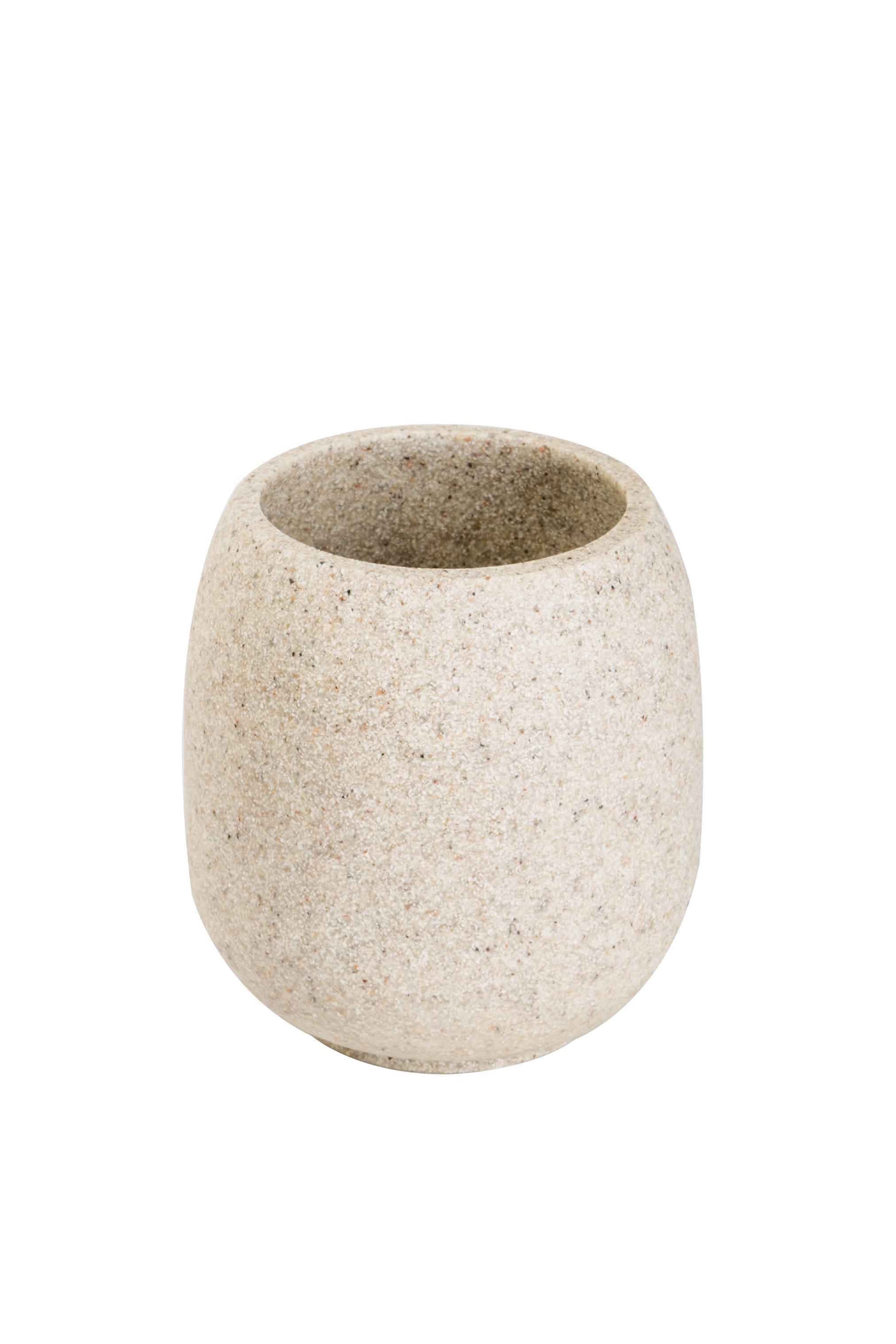 Set 4 pezzi di accessori da appoggio Afra Metaform portasapone porta spazzolini dispenser e scopino in resina color sabbia Arcshop