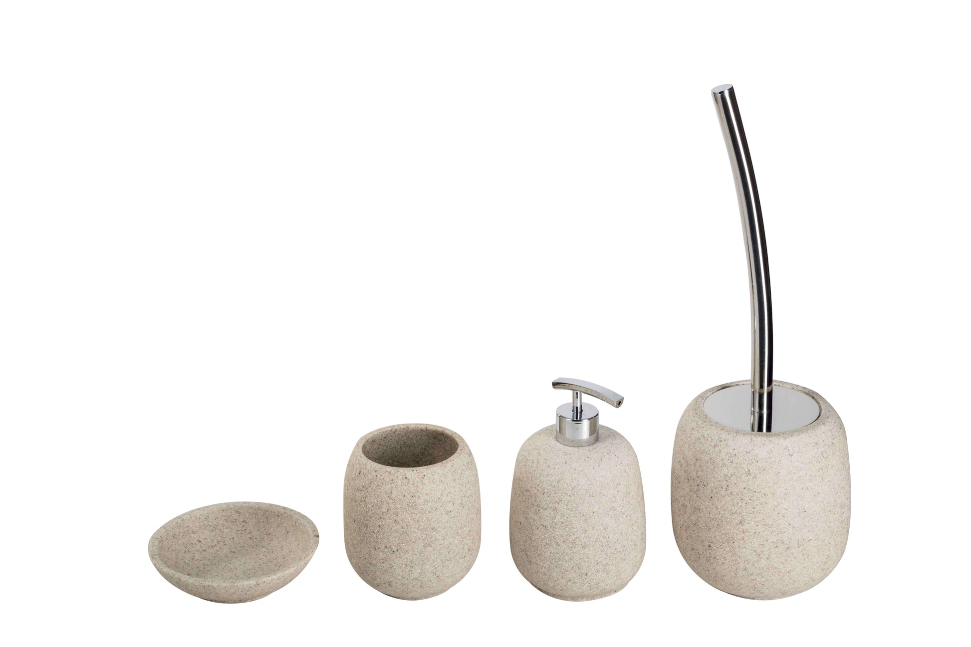 Set 4 pezzi di accessori da appoggio Afra Metaform portasapone porta spazzolini dispenser e scopino in resina color sabbia Arcshop