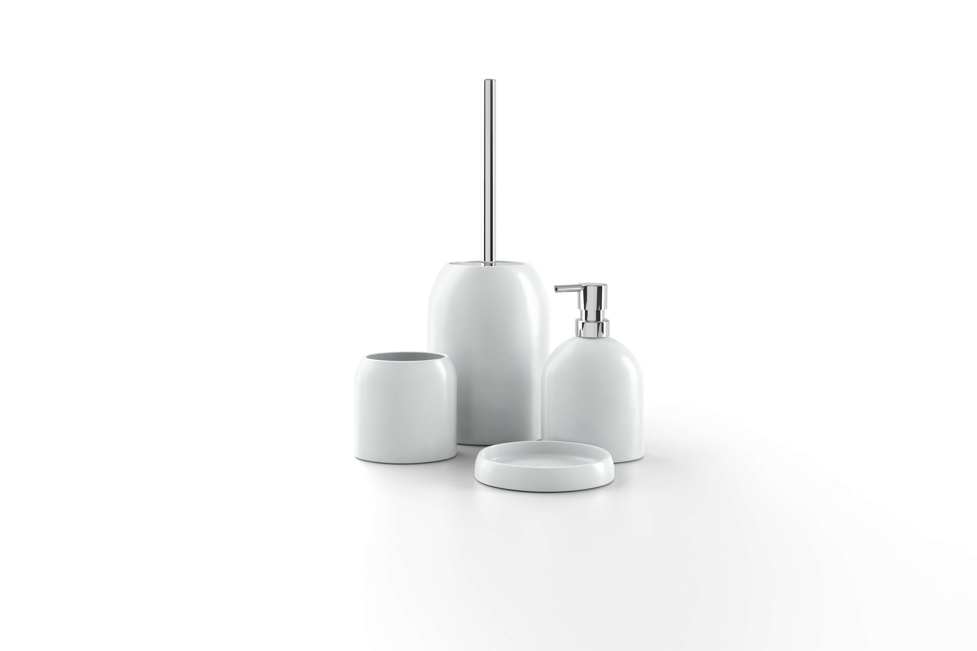 Set accessori Bird di Metaform dispenser porta sapone porta rotolo e scopino da appoggio in porcellana bianca Arcshop