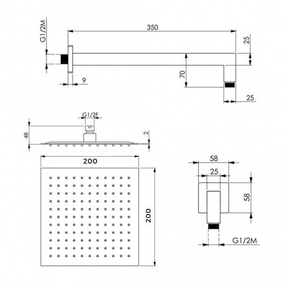 Set doccia con braccio a parete soffione quadrato ultrapiatto 20 cm e doccetta Arcshop