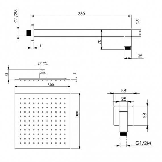 Kit doccia completo braccio a parete soffione ultrapiatto 30 cm quadrato e doccino Arcshop