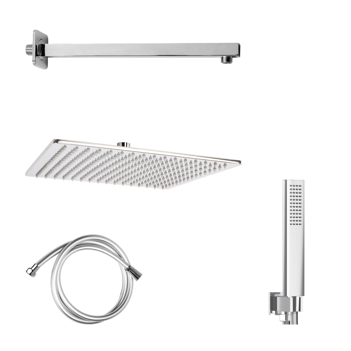 Kit Doccia Cromo con Soffione Quadrato 25x25 Slim, Braccio 35cm, Doccino e Presa Acqua in Ottone