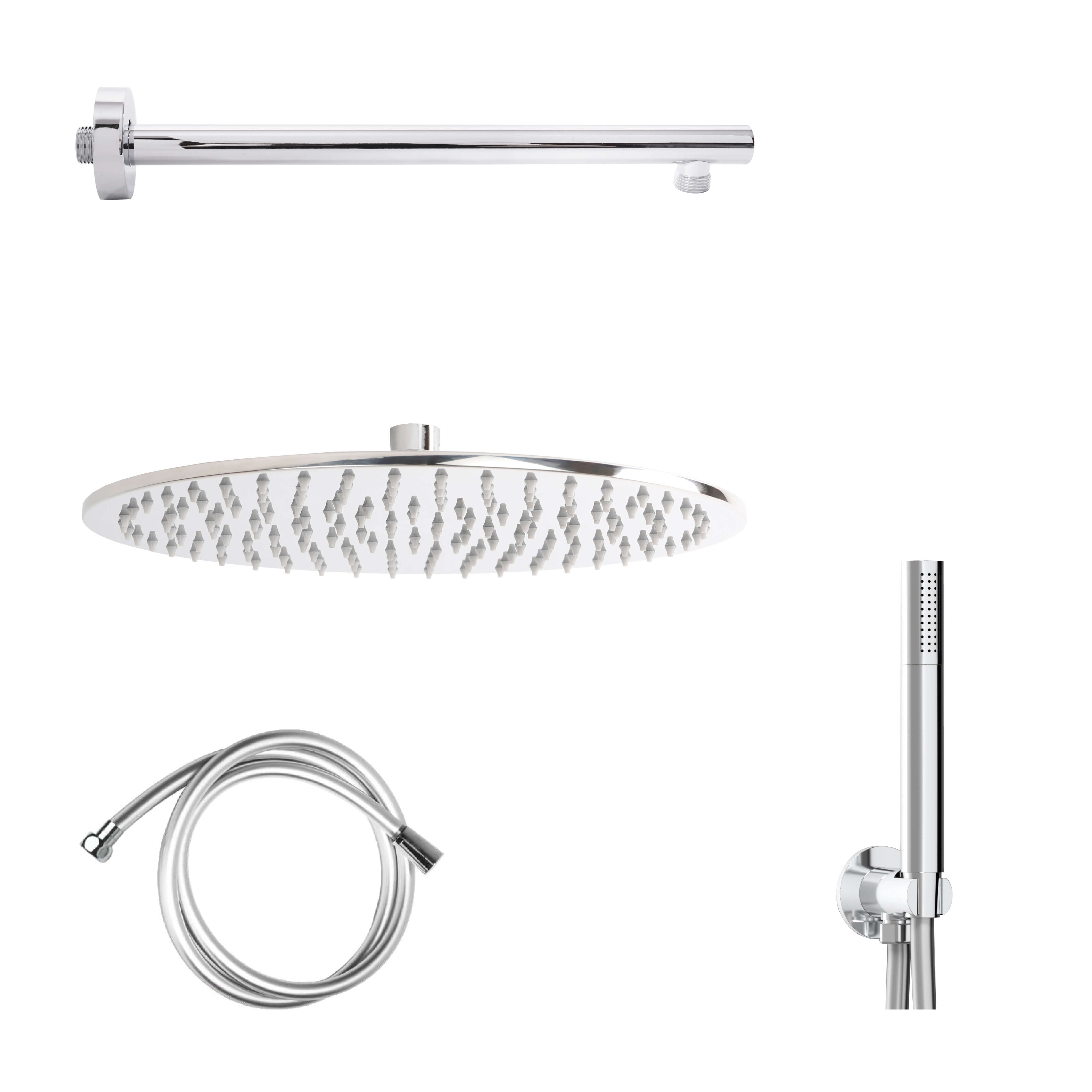 Kit Doccia Cromo con Soffione Tondo Ø 25 Slim, Braccio 35cm, Doccino e Presa Acqua in Ottone