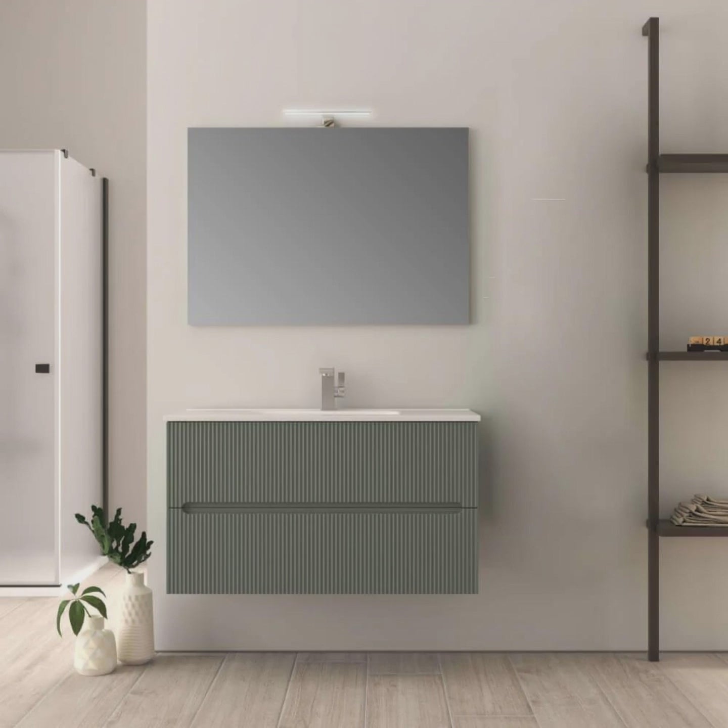 Carica video: Mobile bagno verde opaco 100 cm cannettato Riga