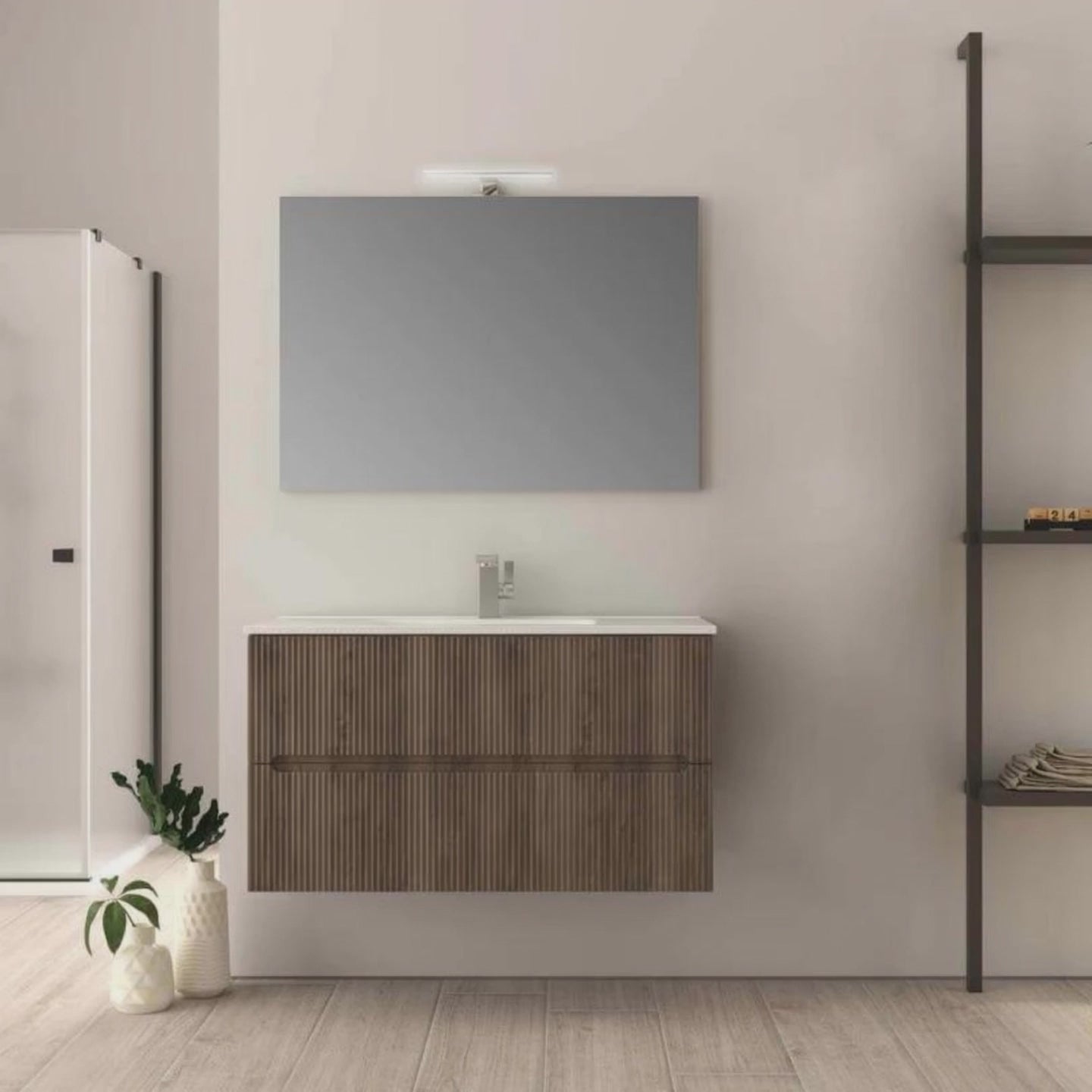 Carica video: Mobile da bagno Noce 100 cm cannettato Riga