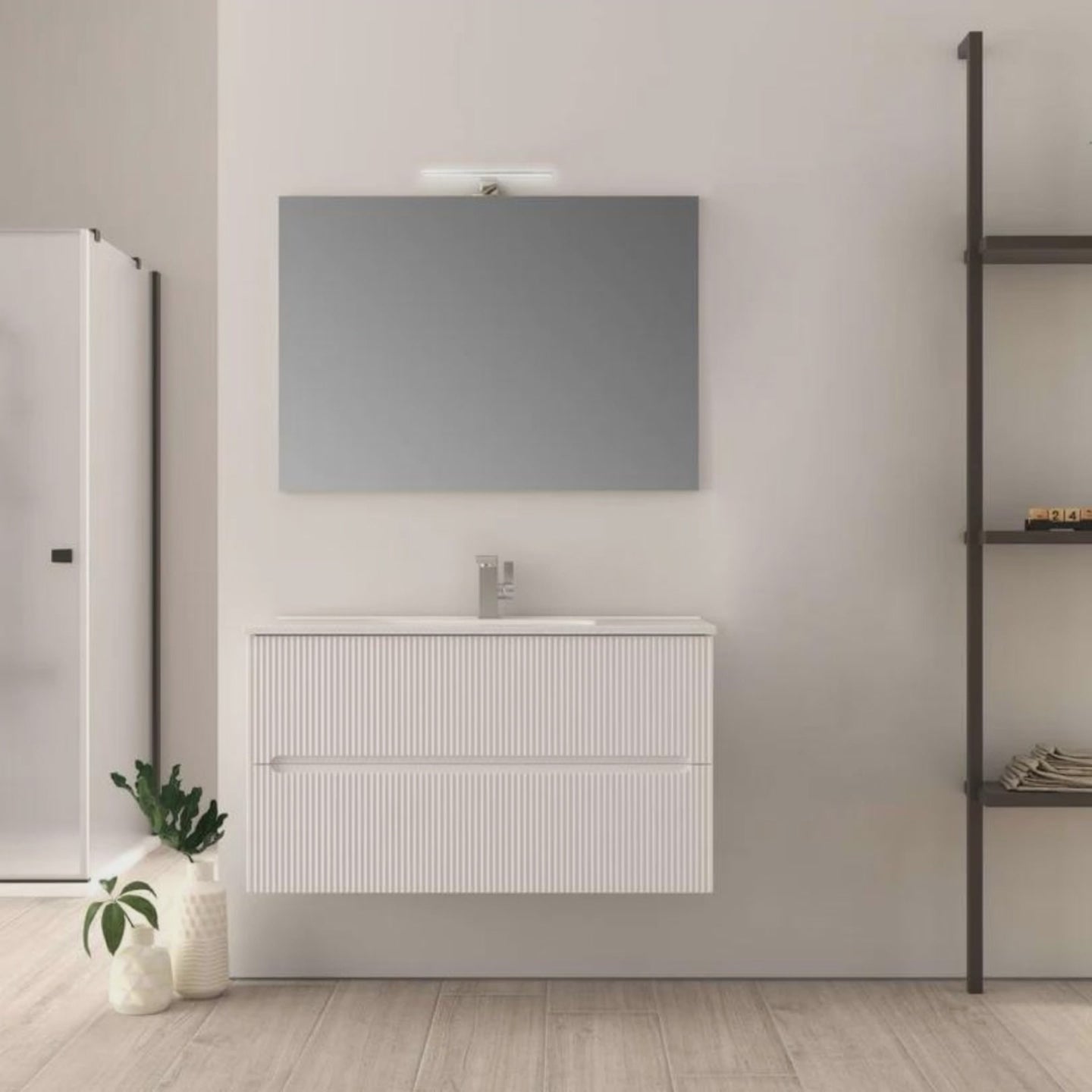 Carica video: Mobile bagno cannettato bianco opaco 100 cm Riga - Arcshop