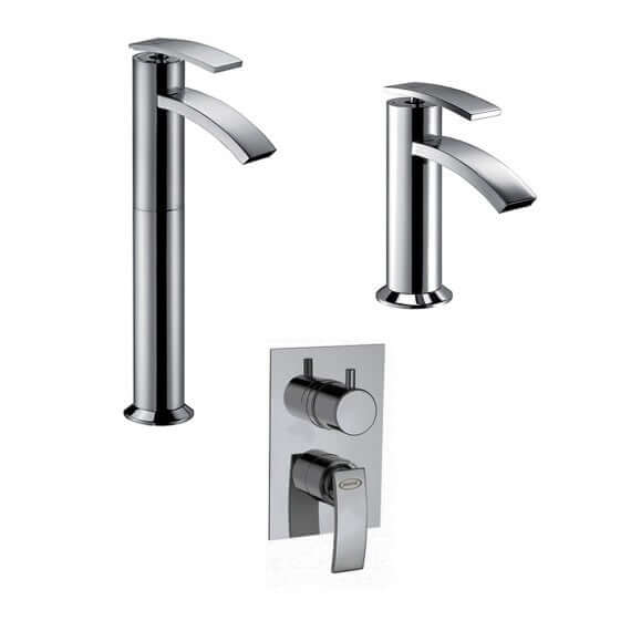 Set miscelatori lavabo alto + bidet + incasso doccia con deviatore Jacuzzi | rubinetteria Ray ottone cromato per piletta click clack