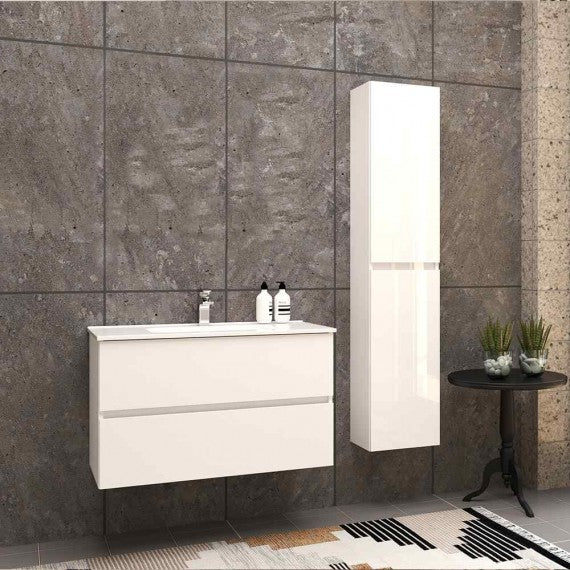 Mobile bagno 90 cm sospeso bianco lucido a doppio cassetto Roxy