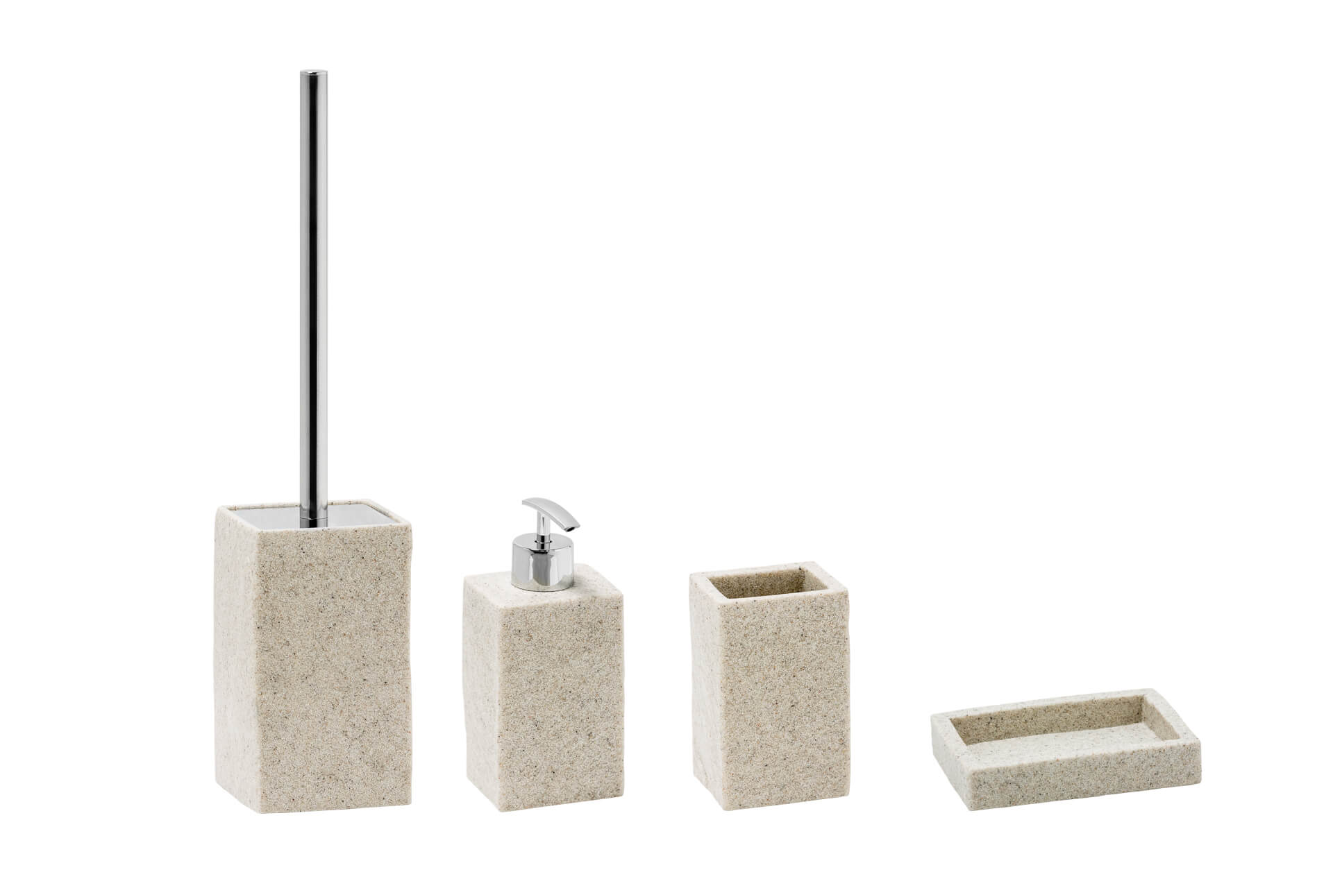 Set completo accessori da appoggio Syl Metaform dispenser porta sapone porta rotolo e scopino in resina color sabbia Arcshop