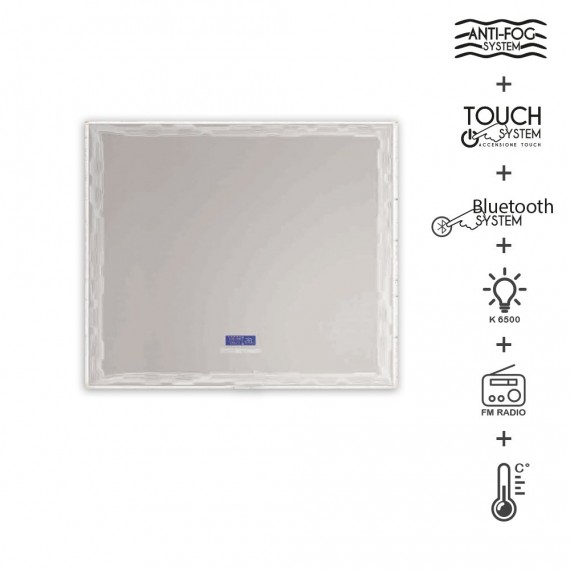 Specchio touch LED 90X90 con casse Bluetooth radio orario e temperatura anti-fog