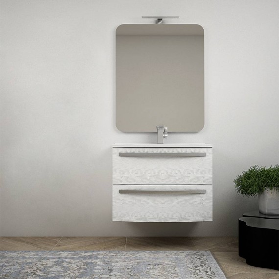 Mobile bagno sospeso moderno da 75 cm curvo bianco frassino con specchio e lavabo di ceramica Mod. Berlino