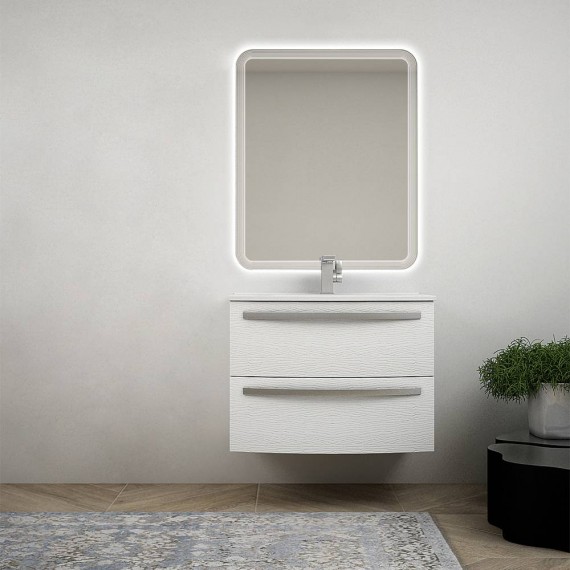 Mobile bagno sospeso curvo 75 cm bianco frassino lavabo ceramica e specchio retroilluminato LED Mod. Berlino