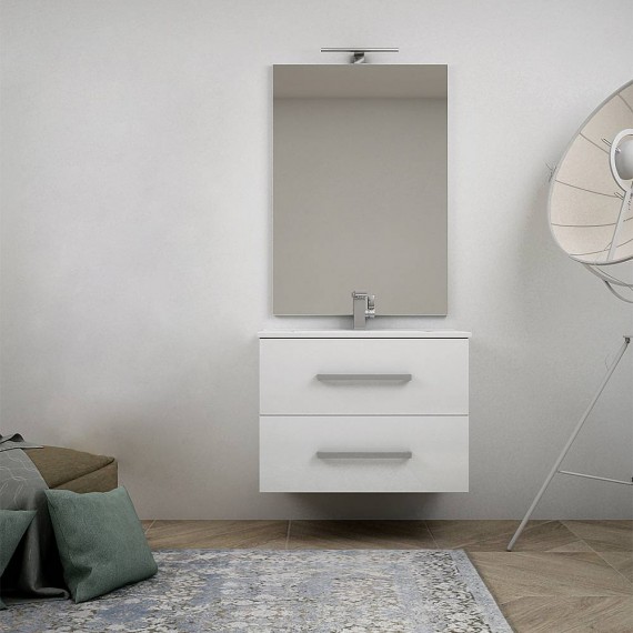 Mobile bagno bianco lucido sospeso moderno 75 cm con specchio lampada LED e cassettoni soft close