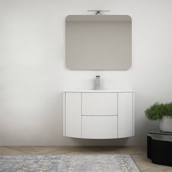 Mobile da bagno Bianco frassino sospeso moderno 90 cm con specchiera e cassettoni soft close