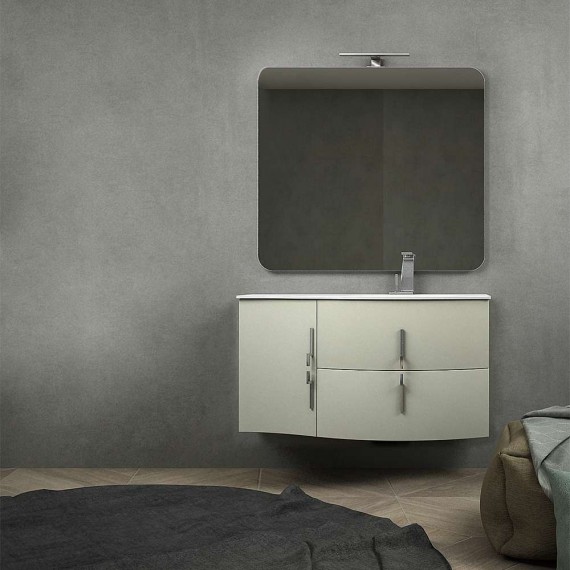Mobile bagno sospeso ad onda 105 cm grigio natura con cassettoni soft close specchio e lampada LED (versione sinistra)