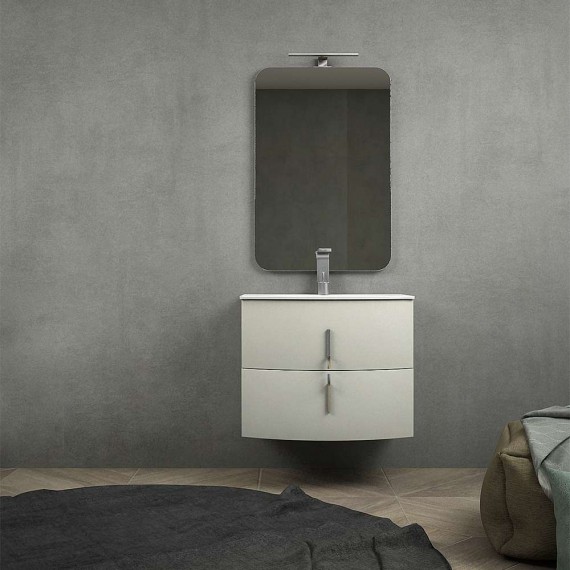 Mobile bagno curvo sospeso 70 cm grigio natura con specchio lampada LED e cassettoni soft close