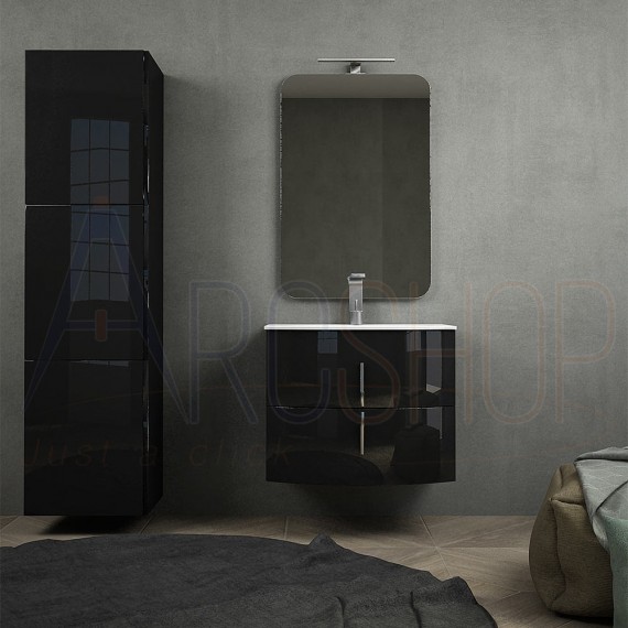 Mobile bagno sospeso curvo nero lucido 70 cm con grande colonna specchio lampada LED cassettoni soft close