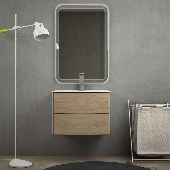 Mobile bagno sospeso 60 cm rovere tabacco con lavabo solid surface specchio led Touch retroilluminato cassettoni soft close
