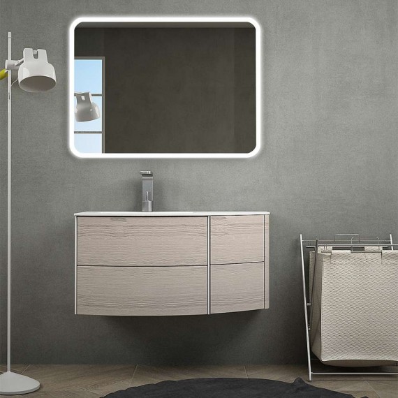 Mobile da bagno sospeso 90 cm curvo rovere sbiancato con cassettoni soft close lavabo (versione sinistra) e specchio con led retroilluminante