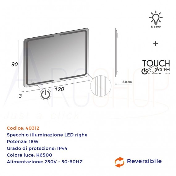 Specchio LED con righe accensione touch 90X120