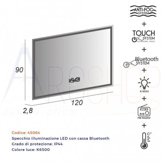 Specchio LED touch con casse Bluetooth radio e temperatura 90X120 anti-fog