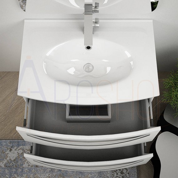 Mobile bagno sospeso curvo 75 cm bianco frassino lavabo ceramica e specchio retroilluminato LED Mod. Berlino