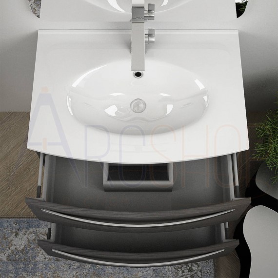 Mobile bagno sospeso curvo moderno da 75 cm grigio scuro venato con specchio LED lavabo ceramica e colonna da 140 cm Mod. Berlino