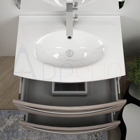 Mobile bagno moderno sospeso curvo 75 cm larice specchio retroilluminato lavabo ceramica e colonna 170 cm Serie Berlino