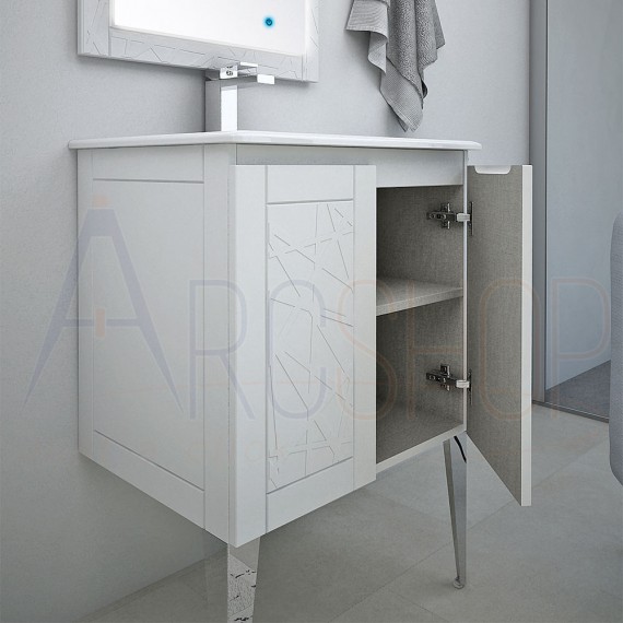 Mobile bagno bianco opaco a terra 60 cm con lavabo e specchio LED touch