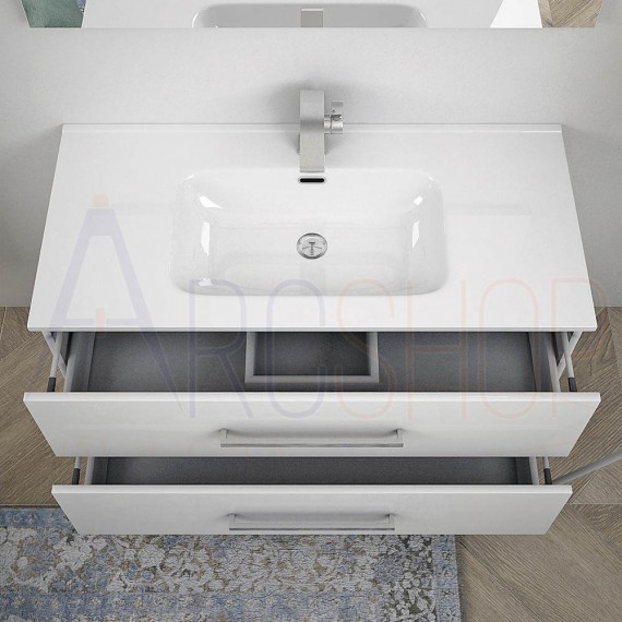 Mobile bagno bianco lucido sospeso moderno 100 cm con specchiera applique LED cassettoni soft close e colonna