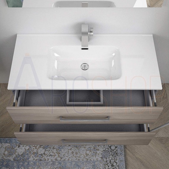 Mobile da bagno sospeso moderno 100 cm finitura larice con cassettoni soft close specchio e lampada LED